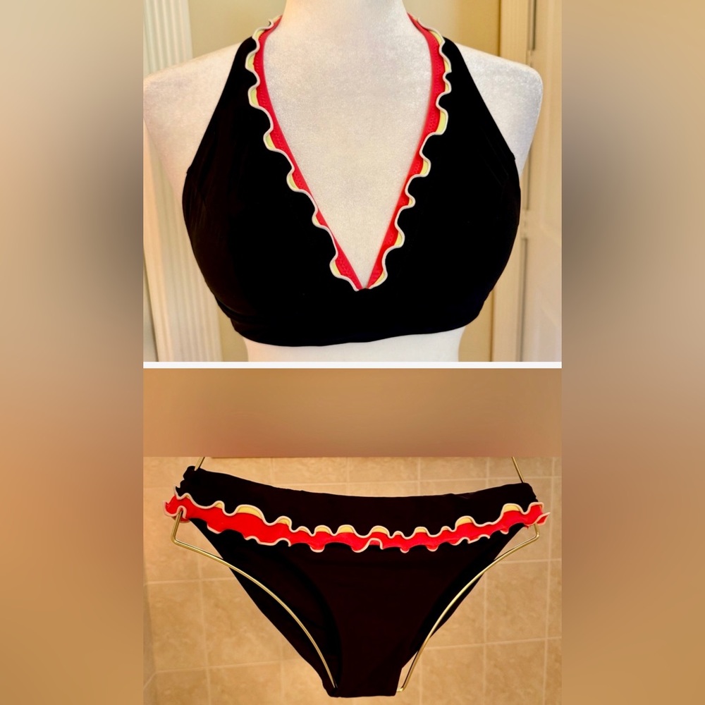 NWT Black and Orange Ruffle Trim Bikini set, Sz 6 by Profile